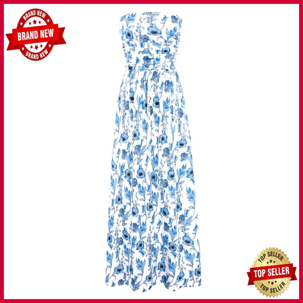 Strapless Maxi Dress Ruched Elegant Boho Casual With Pockets Loose Fit